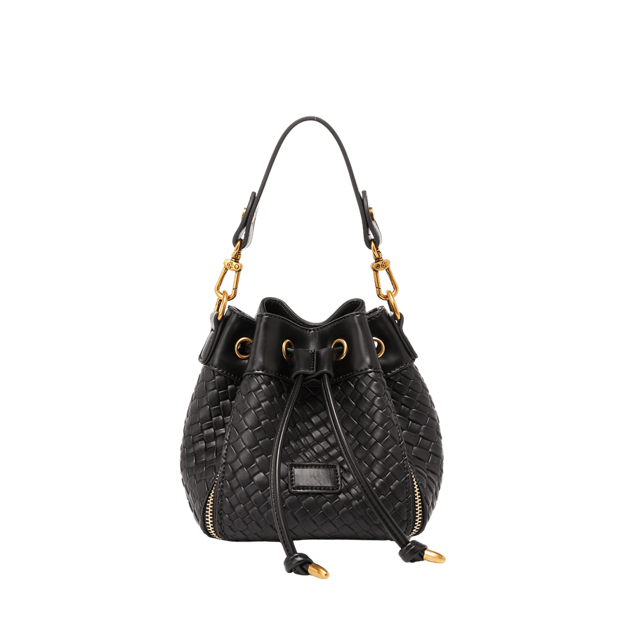 Black weave PU ladies handbag with drawstring closure and front zip pocket