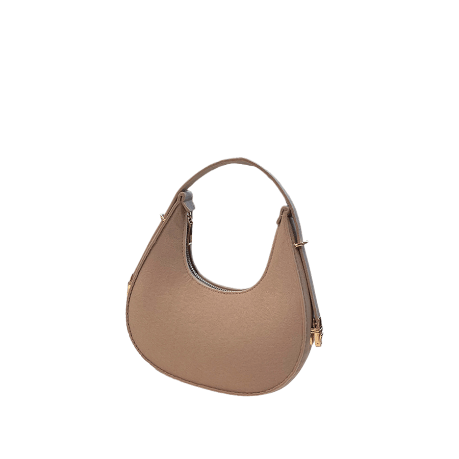 Khaki ladies handbag with metal bridge and lock on the handle