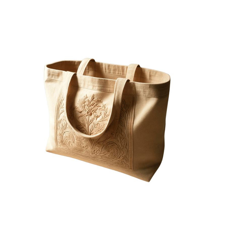 Beige canvas ladies tote bag with embroidery on the front