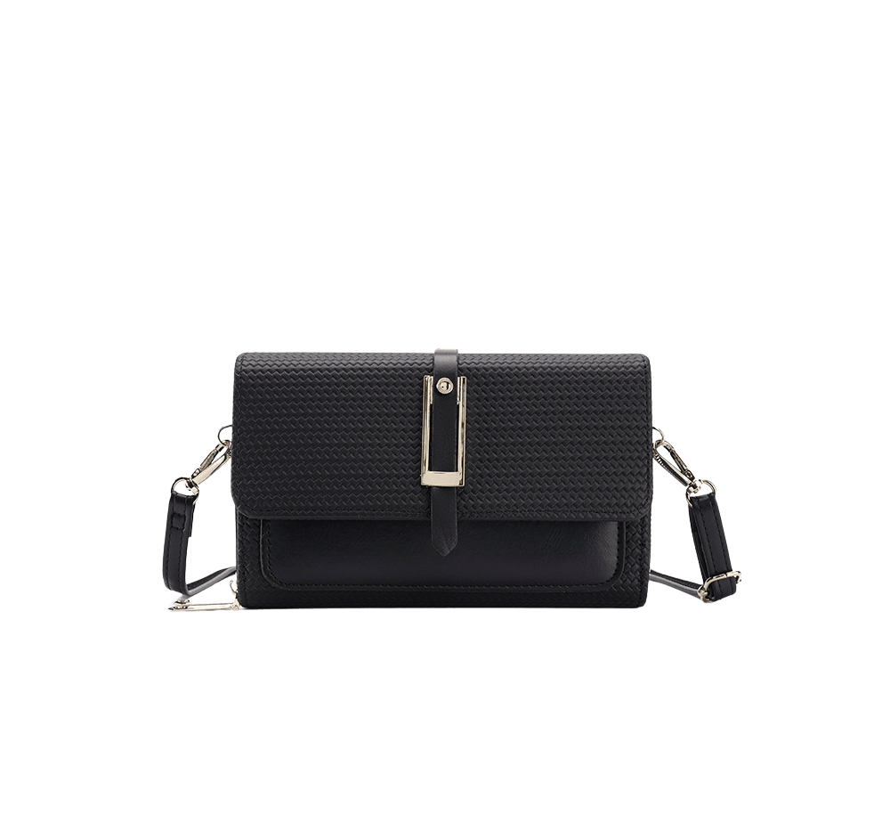 Black weave PU ladies crossbody bag with buckle on the flap and front open pocket
