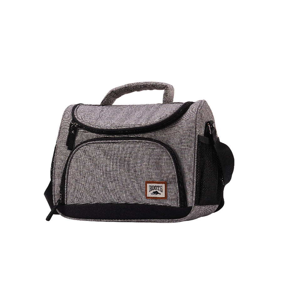Grey cooler with front zipper pocket and side mesh pocket