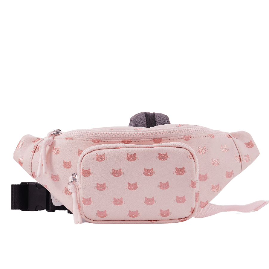 Pink ladies belt bag with cats prints and front zipper pocket