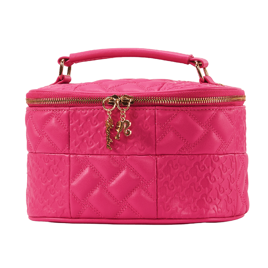 Pink splicing PU cosmetic bag with emboss and quilting on the body