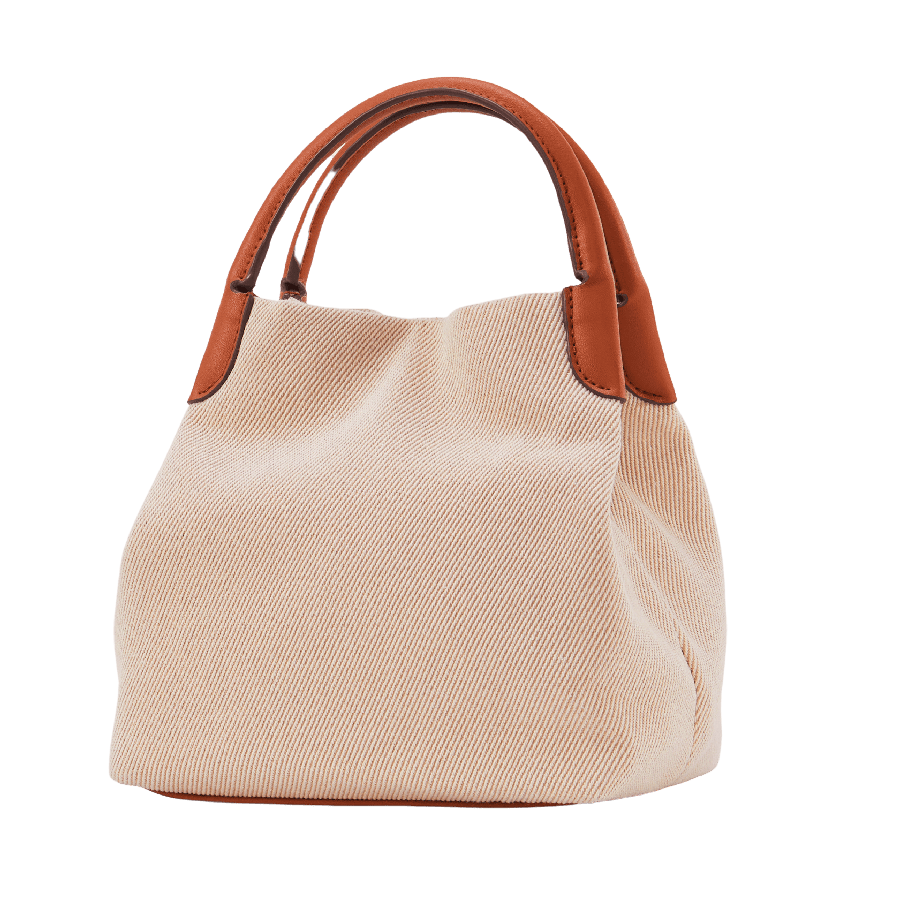Beige cosmetic handbag with brown trim PU