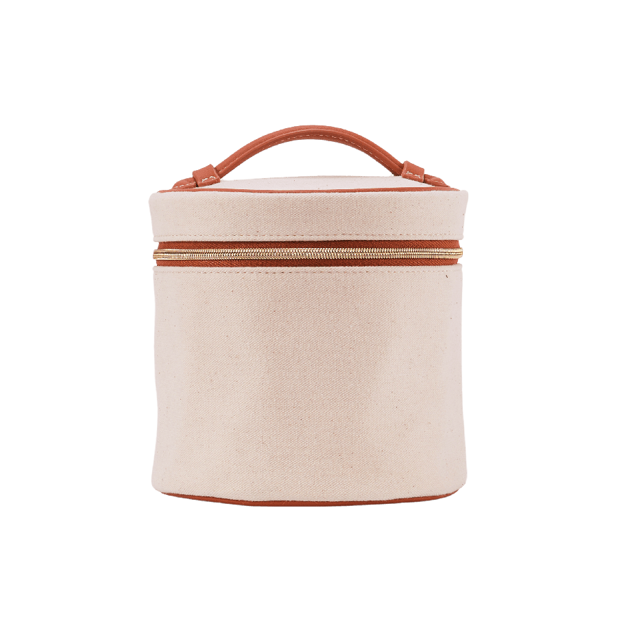 Beige twill material cosmetic bag with brown trim PU