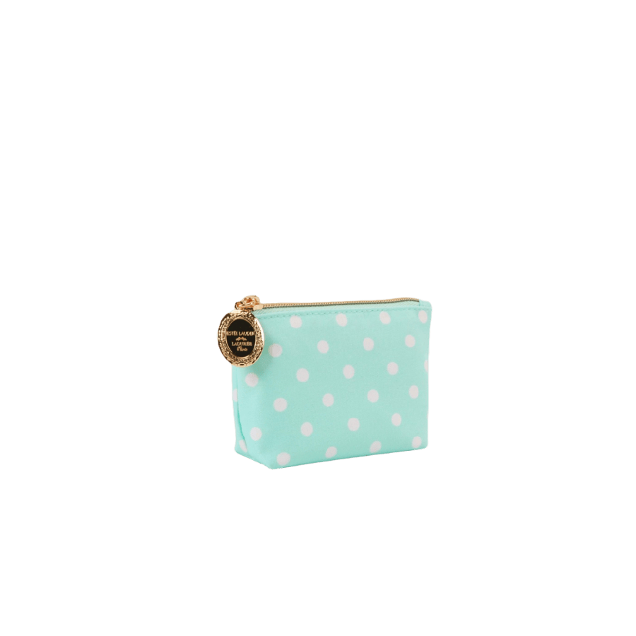 Blue cosmetic bag with white dots and round metal zip puller