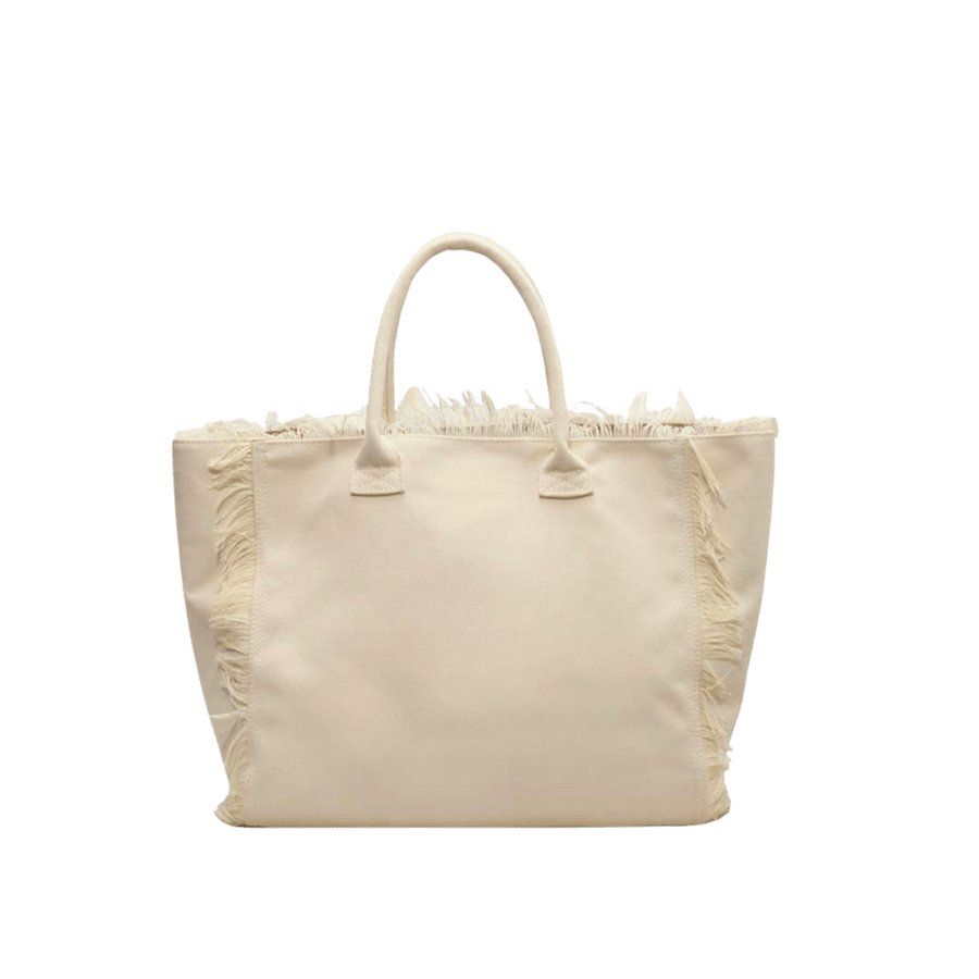 Beige canvas ladies tote with tassels on the body