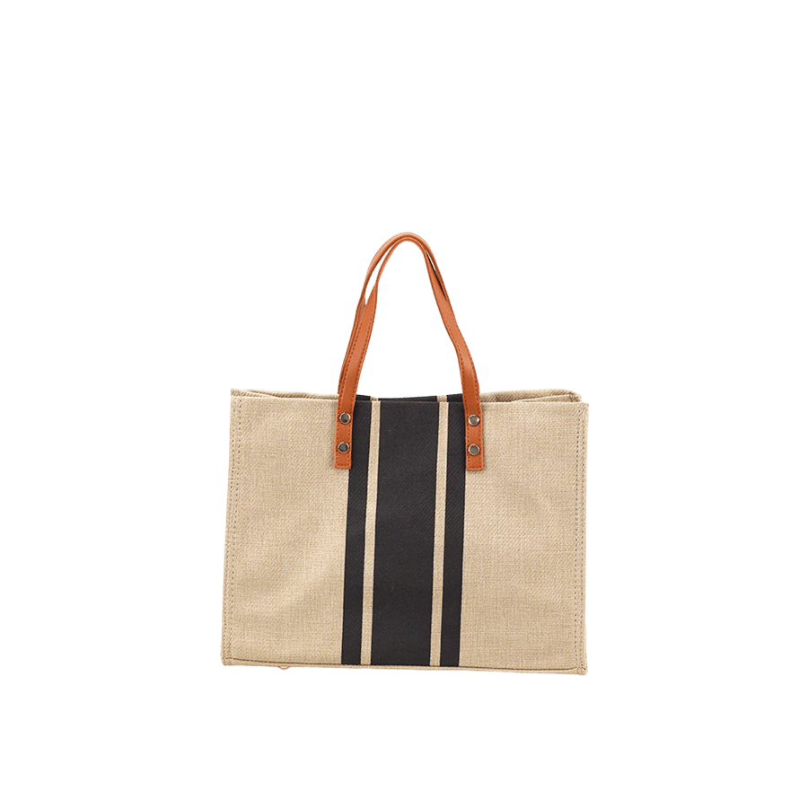 Canvas ladies tote with stripe print and orange trim PU