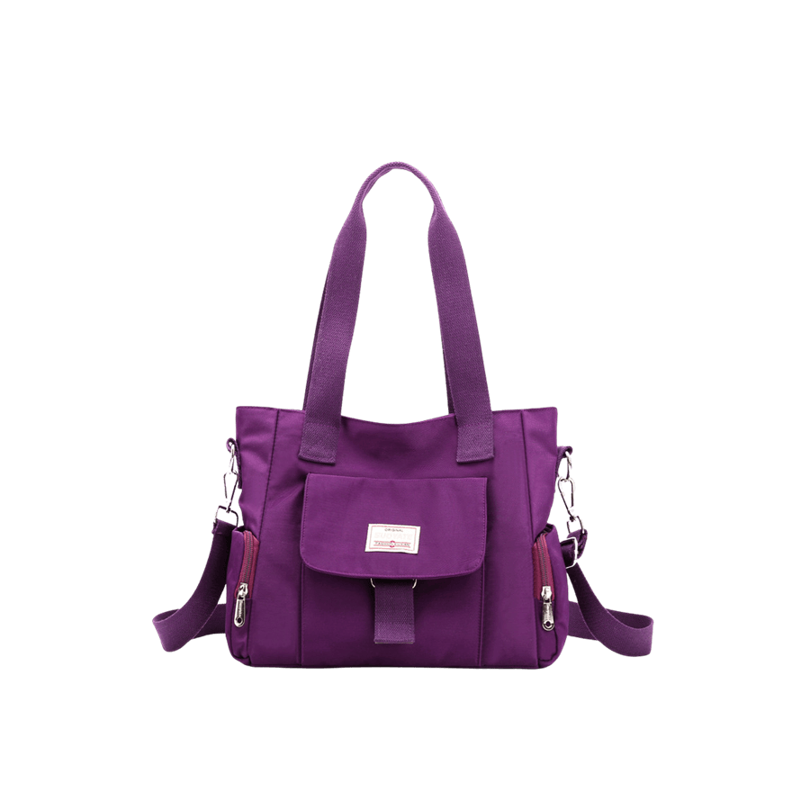 Purple canvas ladies tote with side zipper pocket and front open pocket