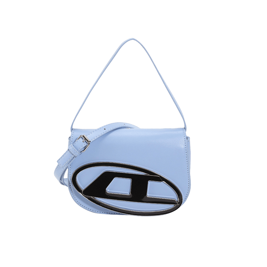 Blue ladies handbag with decorative hardware on the flap with magnetic snap closure