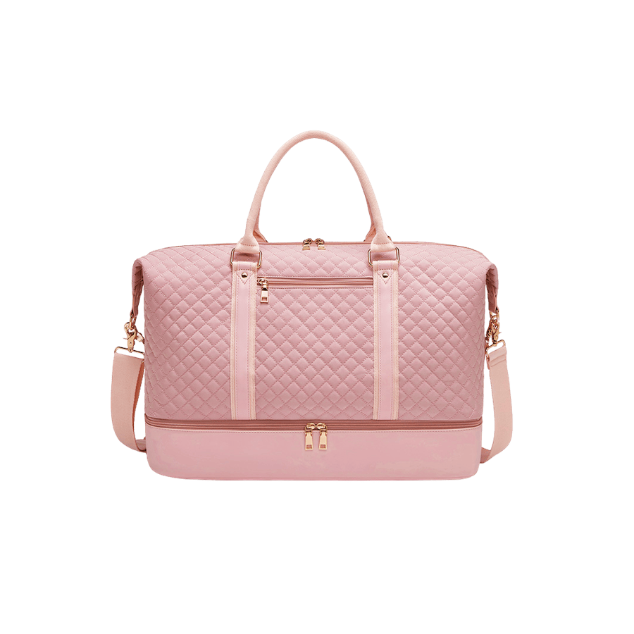 Pink embossed quilting ladies travelling bag with bottom shoes pocket and front zip pocket