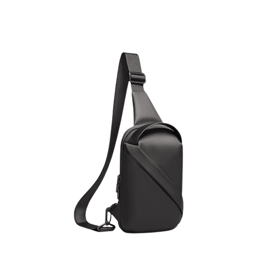 Black sling bag with handle and front zip pocket