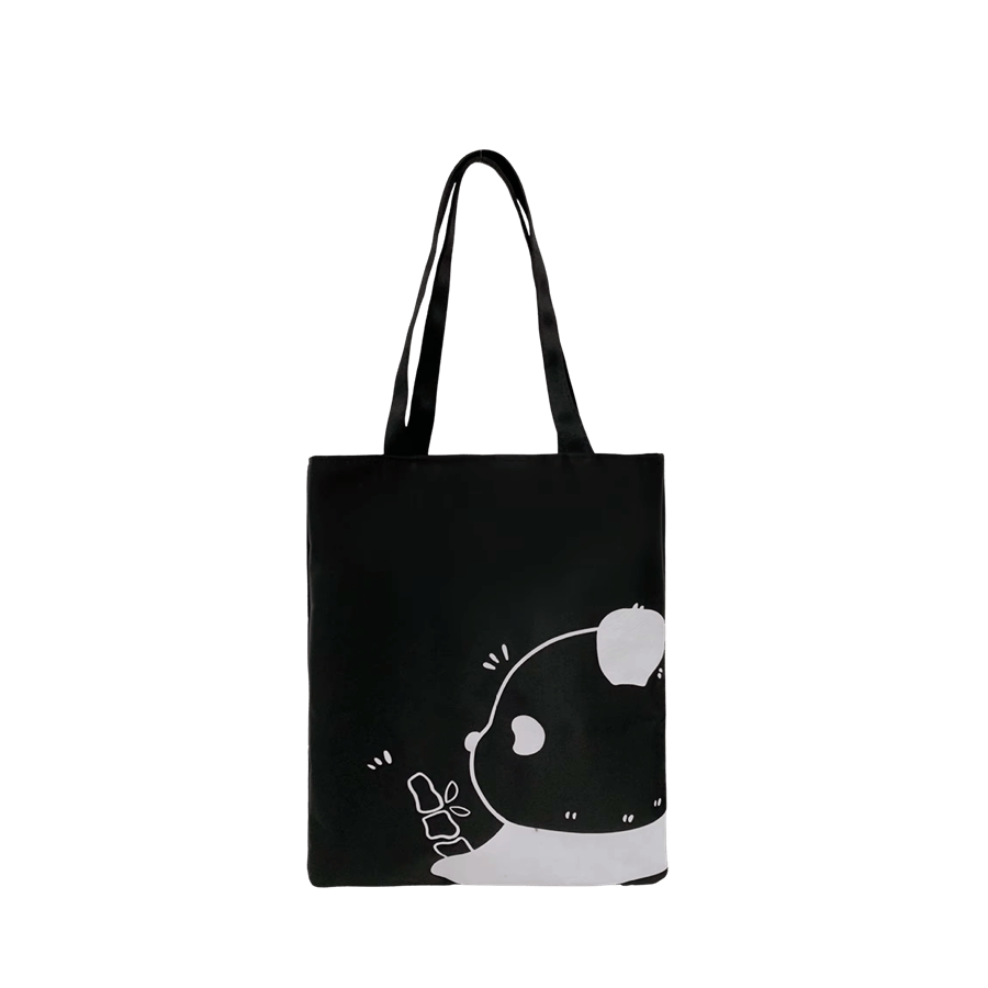 Reusable recycled black canvas shopping bag grocery bag with white print
