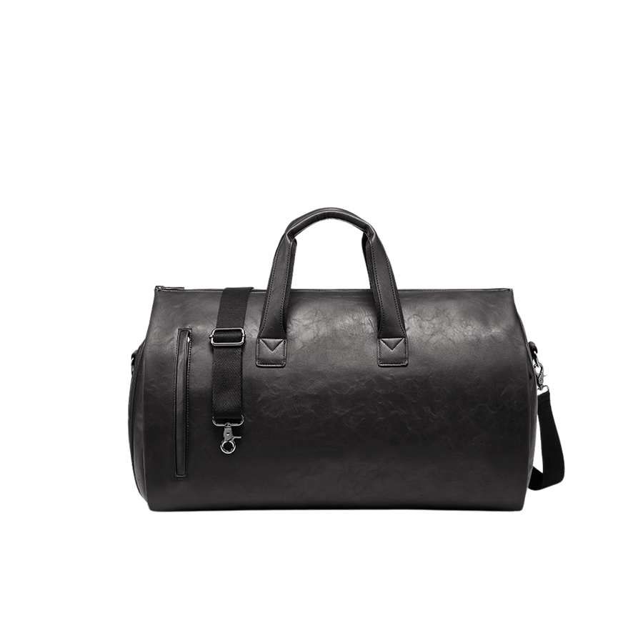 Black duffel bag with zipper pocket on the front