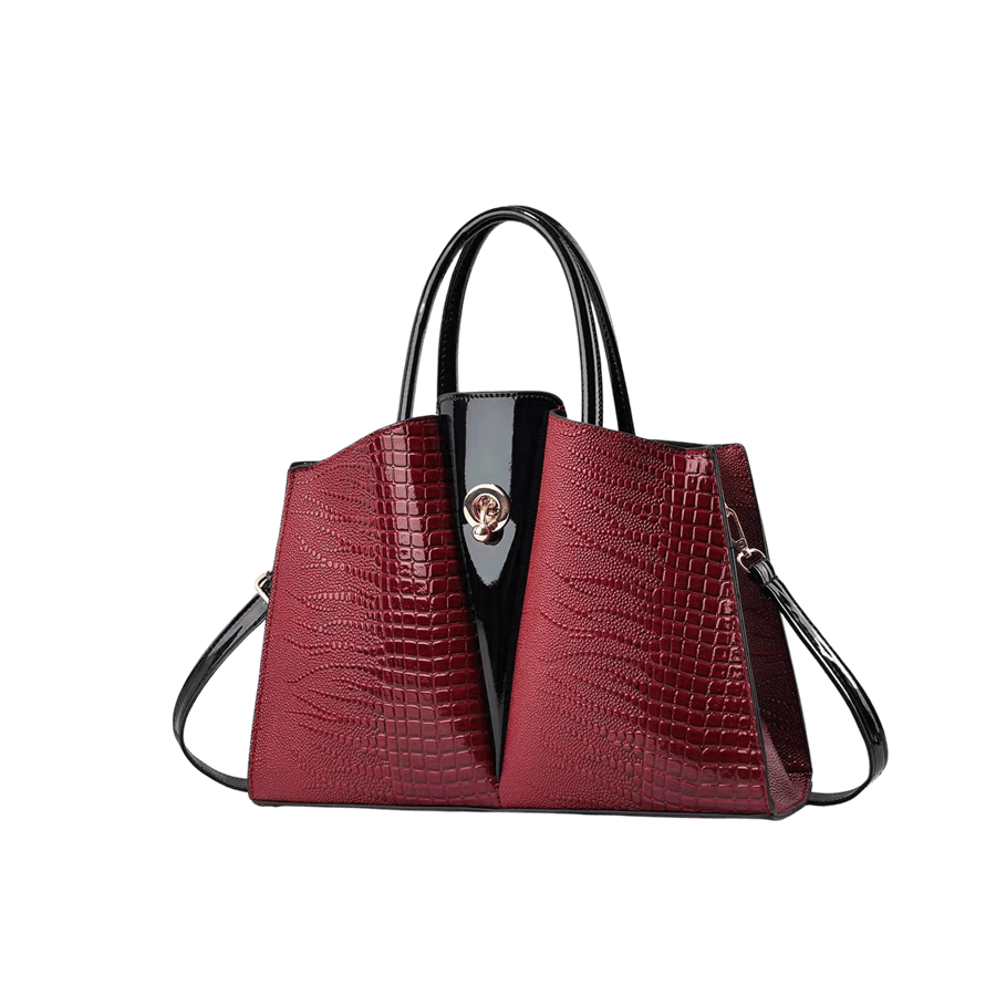 Burgundy croco PU with black trim patent PU and lock closure