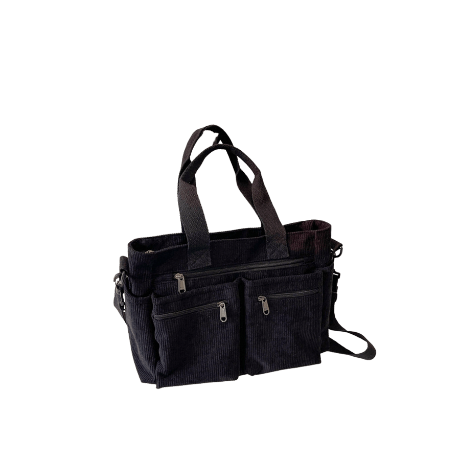 Black faux suede tote bag with front pockets