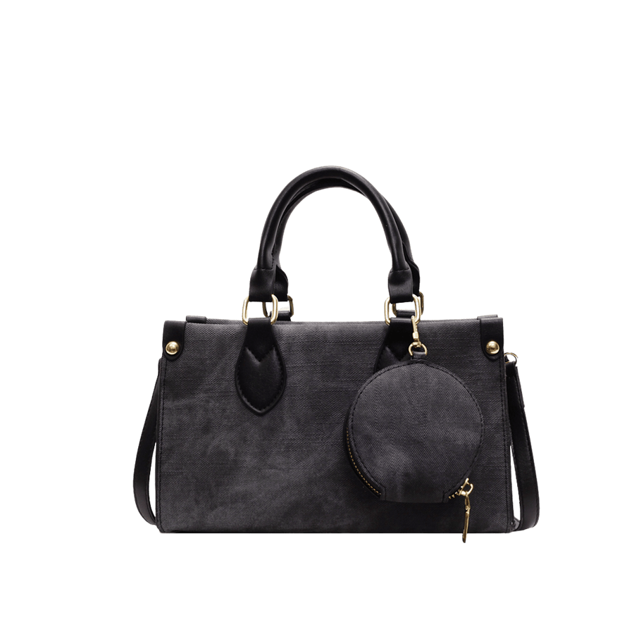 Black denim ladies tote bag with detachable round pouch and black trim PU