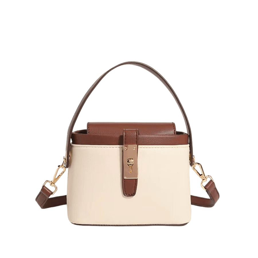Beige ladies bucket bag with brown trim PU and lock closure