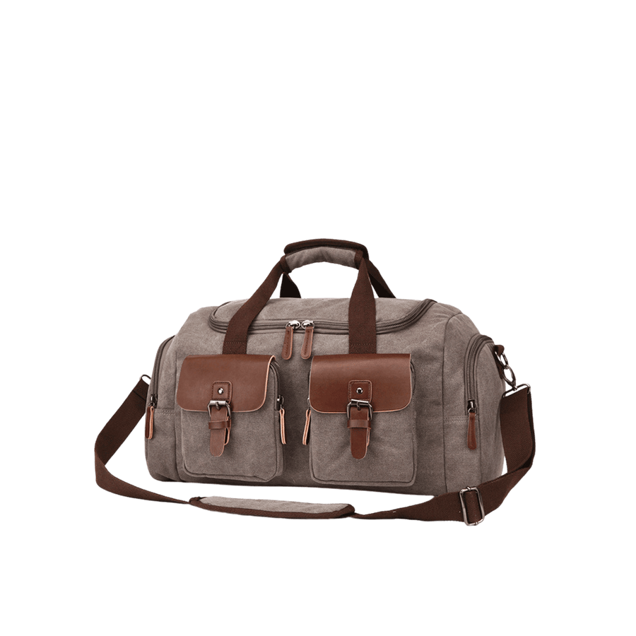 Grey canvas traveling bag with brown trim PU and pockets on the front