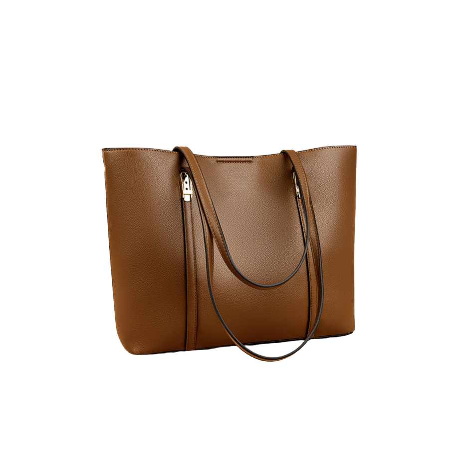 Brown ladies tote bag with metal tab of handle and magnetic snap closure