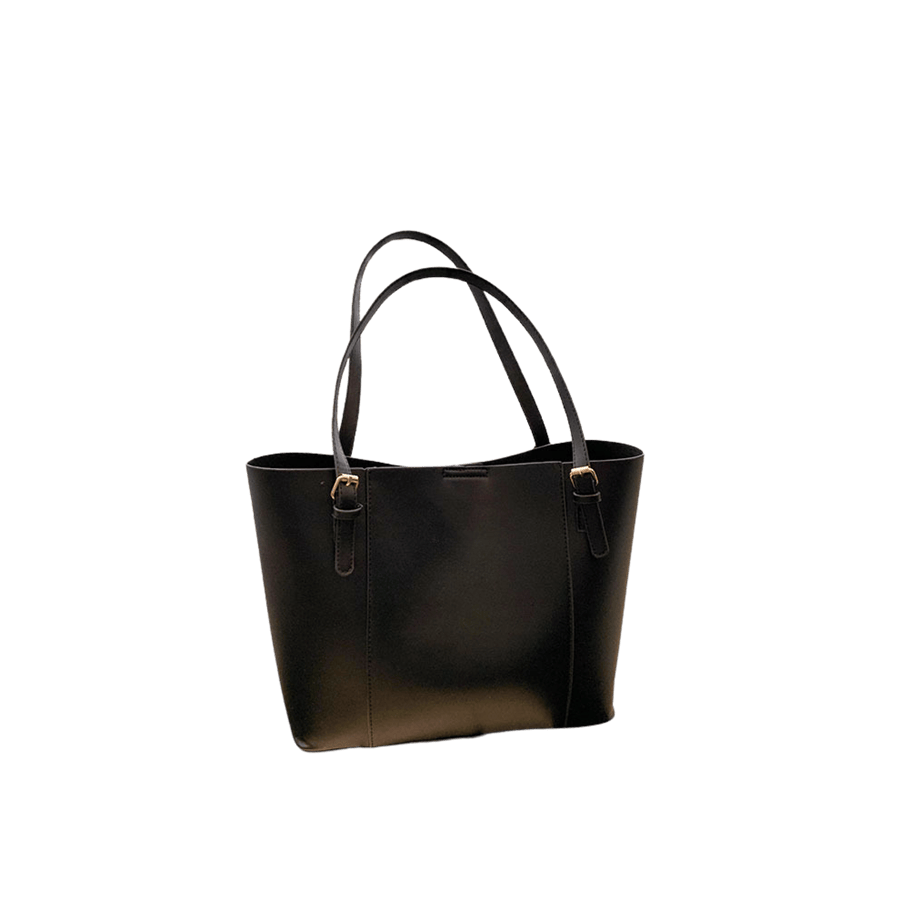 Black ladies tote bag with adjustable handle and magnetic snap closure