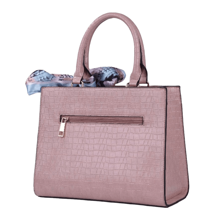 Beige ladies handbag with decorative scarf and brown trim PU