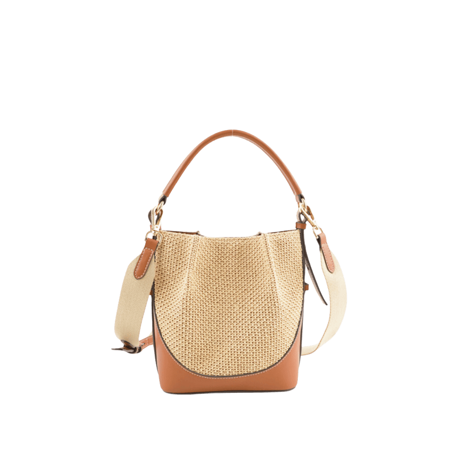 Beige straw ladies handbag with brown trim PU and contrast edge painting