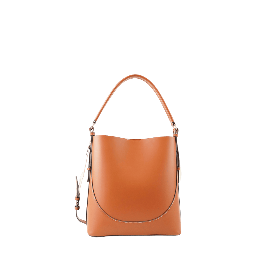 Brown ladies bucket bag with contrast edge painting and magnetic snap closure