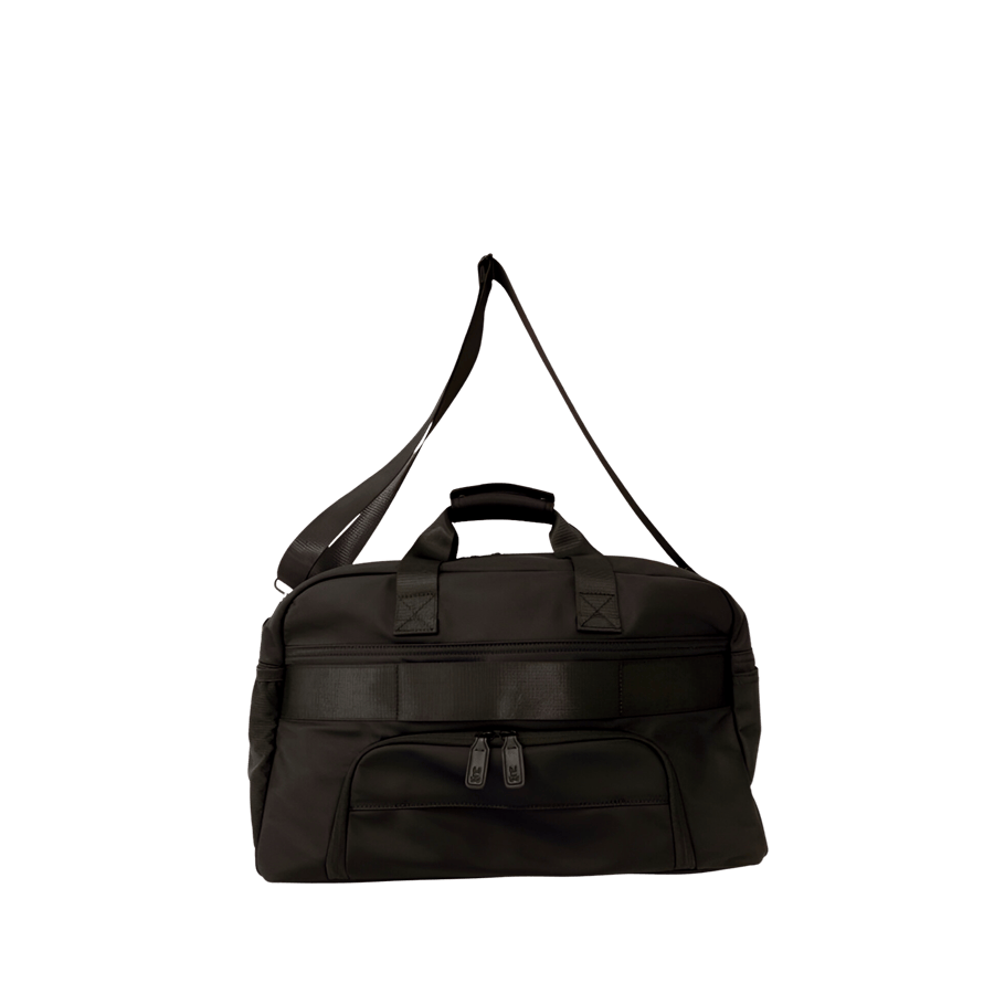 Black travelling duffel bag with shoes pocket on the bottom and webbign loop