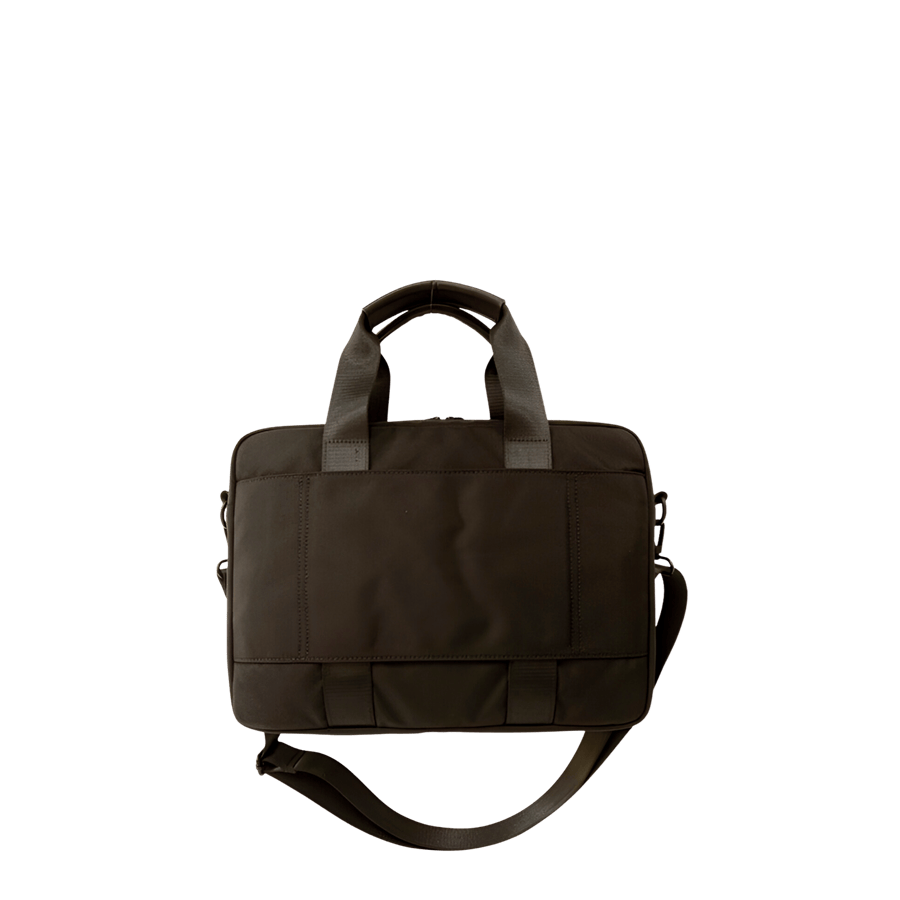 Black briefcase with front open pocket and back strap to attach the luggage