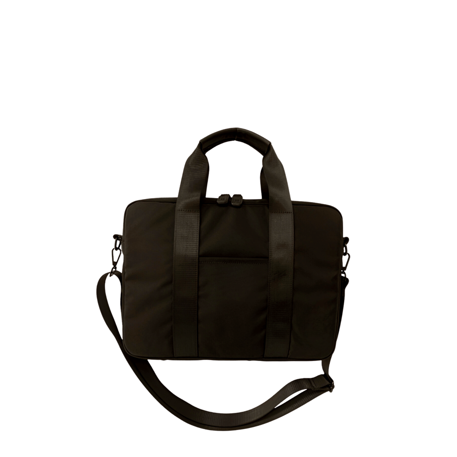 Black briefcase with front open pocket and back strap to attach the luggage