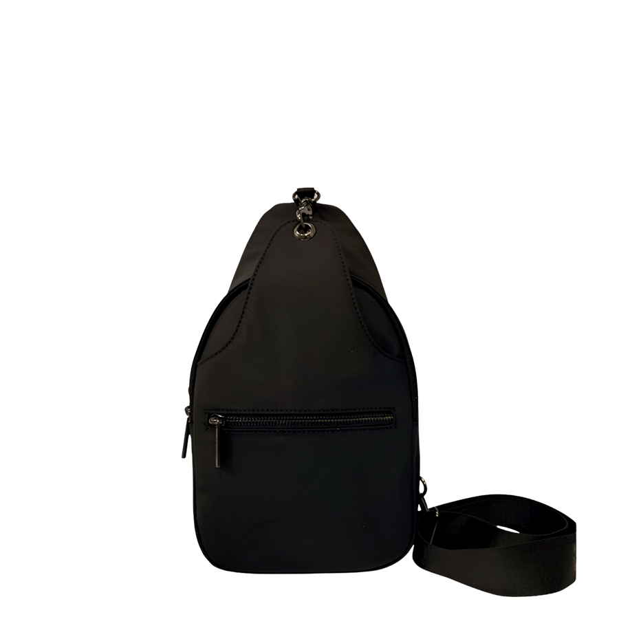 Black sling bag with front zip pocket and clips closure