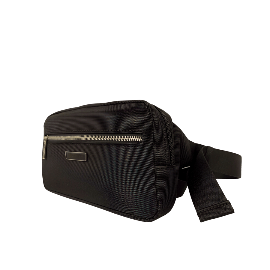 Black belt bag with enemal metal plate and front zip pocket