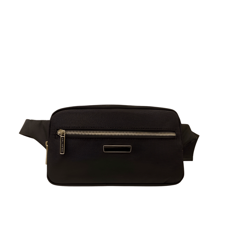 Black belt bag with enemal metal plate and front zip pocket