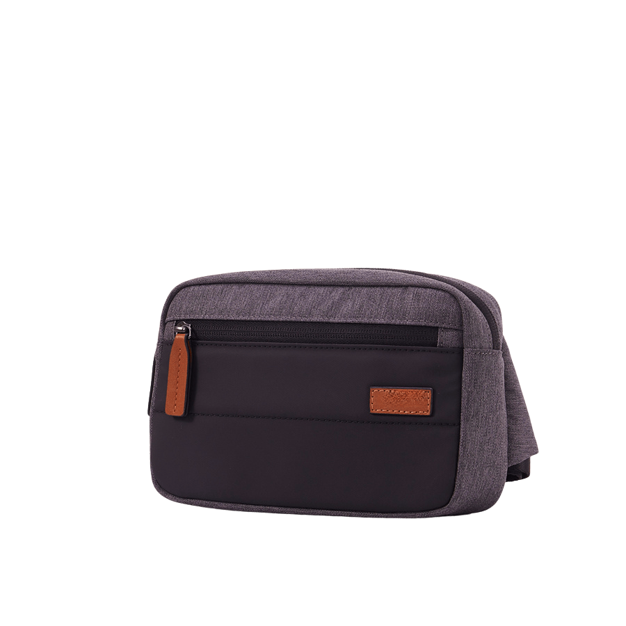 Grey belt bag with black trim PU and front zip pocket