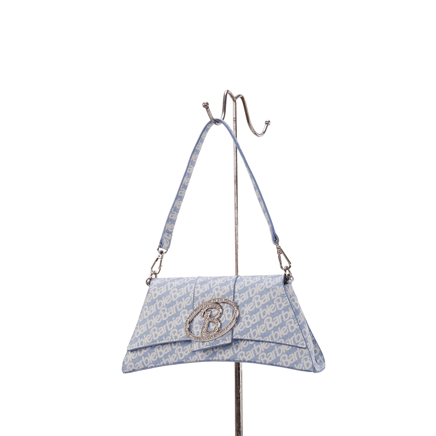 Blue printing barbie ladies handbag with decorative hardware and magnetic snap closure