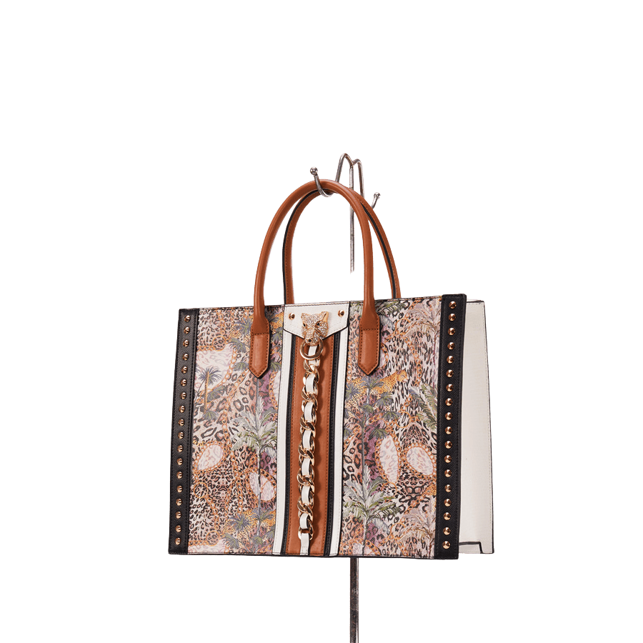 Beige ladies tote bag with printing and decorative chain on the front