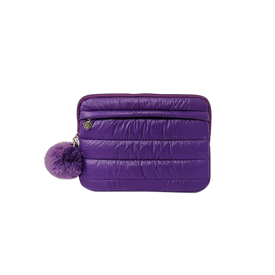 Quilting puffy laptop sleeve with detachable pompom and front zip pocket