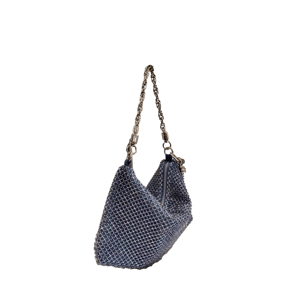 Blue rhinestone ladies hobo bag with detachable metal tassels and chain handle