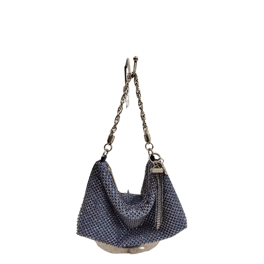 Blue rhinestone ladies hobo bag with detachable metal tassels and chain handle