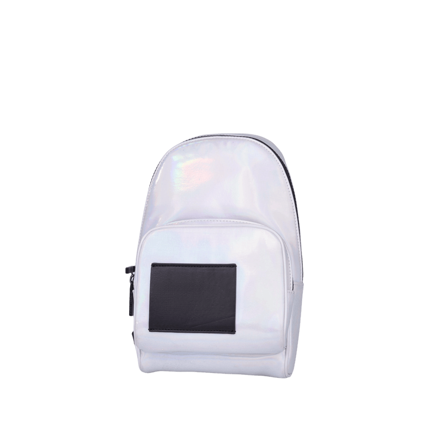 Silver sling bag with black trim PU and front zip pocket