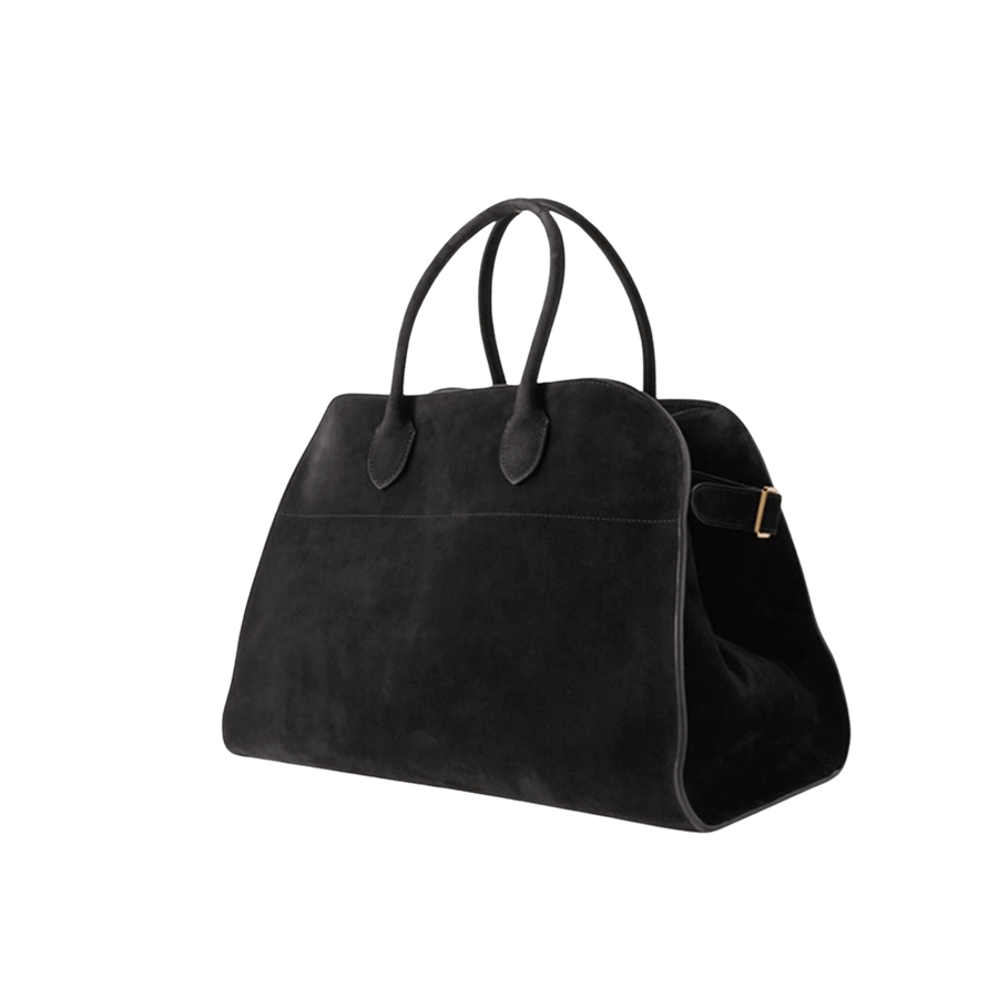 Black faux suede ladies handbag with strap on the side