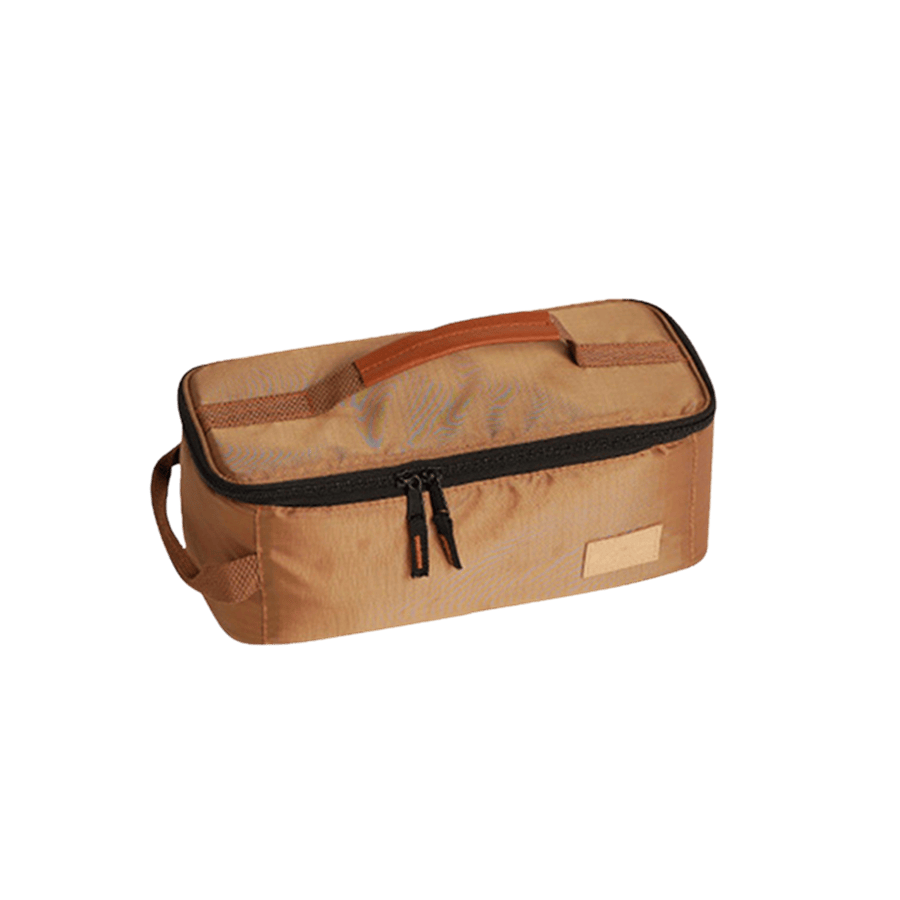Khaki cosmetic bag with black double zip puller and side handle