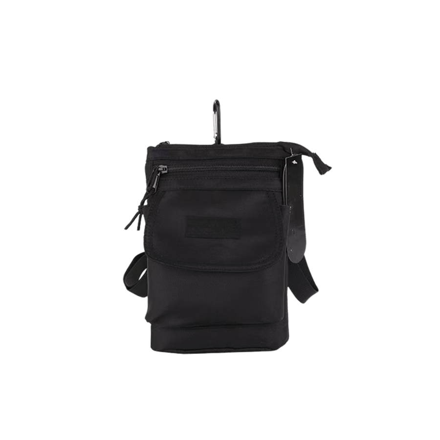 Black travelling crossbody bag with front zip pocket and carabiner