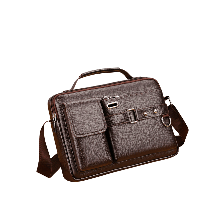 Brown men's briefcase with front open pocket and zipper pocket