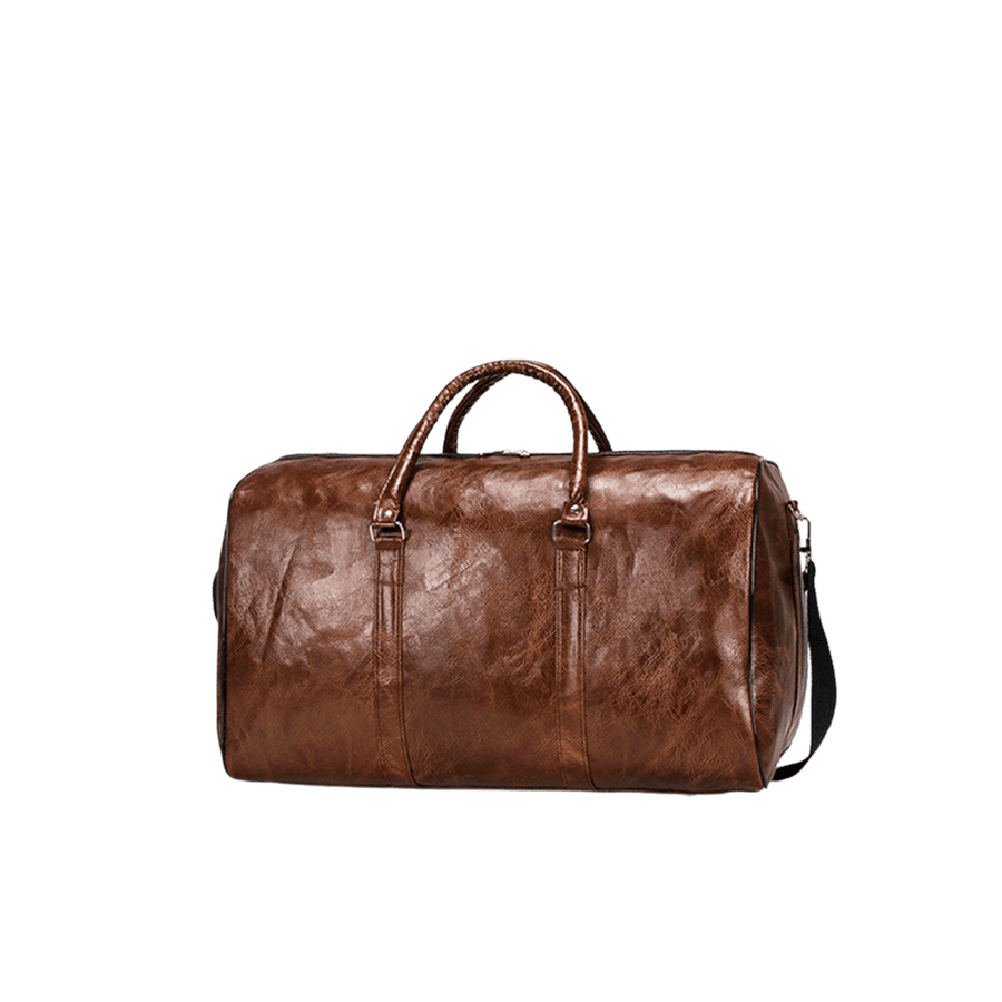 Brown duffel travelling bag with black edge painting and dog clips on the sides