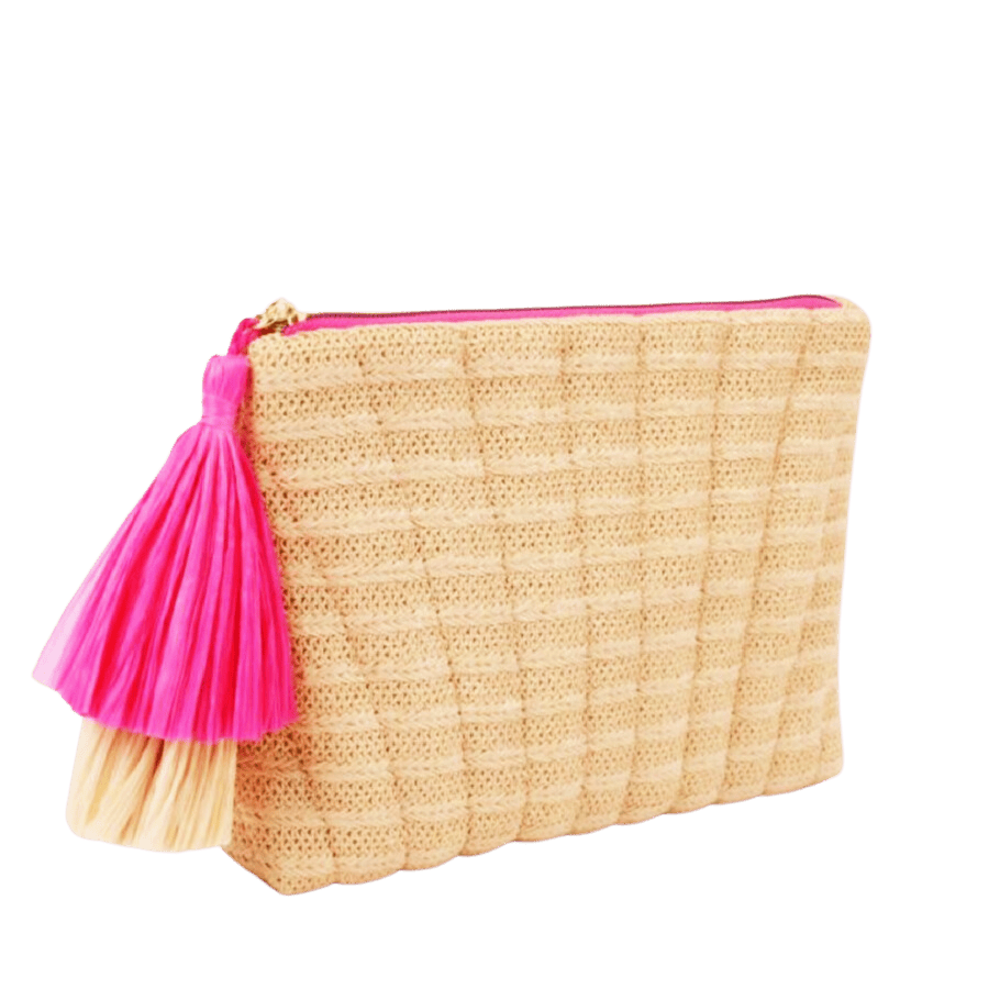 Beige straw laides cosmetic bag with pink tassel zip puller and top zip closure