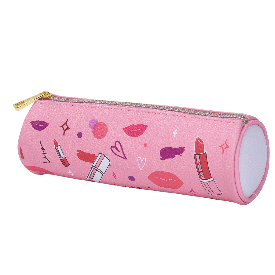 Pink ladies lipstick bag with printing and top zip closure