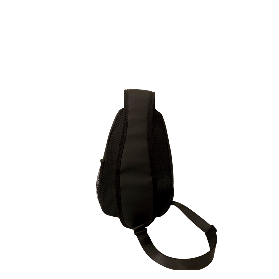 Black sling bag with front zip pockets and side mesh pocket