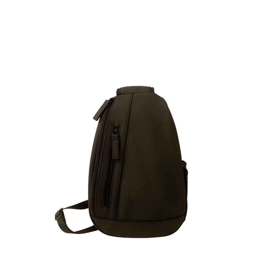 Black sling bag with front zip pockets and side mesh pocket
